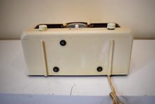 Load image into Gallery viewer, Burgundy Ivory 1950 Jewel Wakemaster Model 5057U Vacuum Tube AM Clock Radio The Master Awaketh!