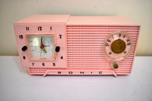 Load image into Gallery viewer, Pretty in Pink 1959 Sonic Model 5C1 Vacuum Tube AM Clock Radio Excellent Condition! Rare Manufacturer and Model!