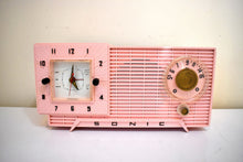 Load image into Gallery viewer, Pretty in Pink 1959 Sonic Model 5C1 Vacuum Tube AM Clock Radio Excellent Condition! Rare Manufacturer and Model!