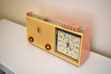 Load image into Gallery viewer, Savoy Pink 1959 Sylvania Model 2305TU Vacuum Tube AM Clock Radio Top Line No Expense Spared Model!