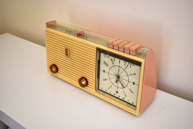 Savoy Pink 1959 Sylvania Model 2305TU Vacuum Tube AM Clock Radio Top Line No Expense Spared Model!