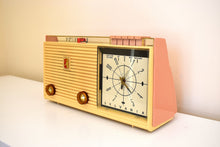 Load image into Gallery viewer, Savoy Pink 1959 Sylvania Model 2305TU Vacuum Tube AM Clock Radio Top Line No Expense Spared Model!