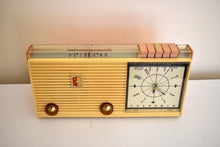 Load image into Gallery viewer, Savoy Pink 1959 Sylvania Model 2305TU Vacuum Tube AM Clock Radio Top Line No Expense Spared Model!