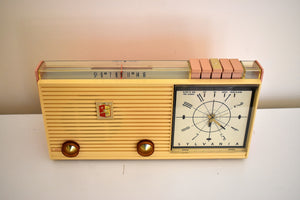 Savoy Pink 1959 Sylvania Model 2305TU Vacuum Tube AM Clock Radio Top Line No Expense Spared Model!