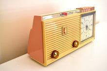 Load image into Gallery viewer, Savoy Pink 1959 Sylvania Model 2305TU Vacuum Tube AM Clock Radio Top Line No Expense Spared Model!