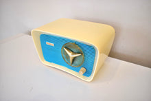 Load image into Gallery viewer, Turquoise and White 1959 Trav-ler Model T-202 AM Vacuum Tube Radio So Cute! Sounds Wonderful!