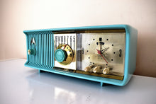 Load image into Gallery viewer, Aquamarine Turquoise 1957 Motorola Model 56CC Vacuum Tube AM Clock Radio Rare Beautiful Color Sounds Fantastic! Excellent Plus Condition!