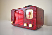 Load image into Gallery viewer, Crimson Red Snakeskin 1948 Travler Model 5028-A Portable AM Vacuum Tube Radio Mint Condition and Works!