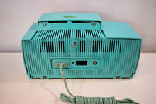 Load image into Gallery viewer, Ocean Turquoise 1957 General Electric Model 914-D Tube AM Clock Radio Sounds Great Popular Design