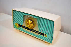 Turquoise and  White RCA Victor Model 4-XHE AM Vacuum Tube Radio Works Great Twin Speakers!