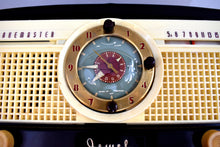 Load image into Gallery viewer, Mocha Brown Bakelite 1950 Jewel Wakemaster Model 5057U Vacuum Tube AM Clock Radio The Master Awaketh!