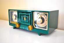 Load image into Gallery viewer, Kelly Green Mid Century 1955 Zenith Model R519FAM Tube Radio Sleek and Sounds Great!