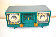 Load image into Gallery viewer, Kelly Green Mid Century 1955 Zenith Model R519FAM Tube Radio Sleek and Sounds Great!