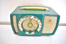 Load image into Gallery viewer, Brush Green and Gold Cloth AM/FM 1954 Zenith Model R724 Vacuum Tube Radio Sounds Spectacular!