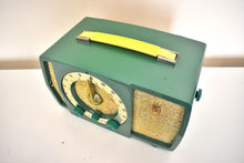 Load image into Gallery viewer, Brush Green and Gold Cloth AM/FM 1954 Zenith Model R724 Vacuum Tube Radio Sounds Spectacular!
