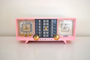 Veronica Pink and Black Mid Century Vintage 1956 Zenith Y519 AM Vacuum Tube Clock Radio Works Great and Excellent Condition!
