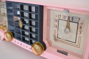 Veronica Pink and Black Mid Century Vintage 1956 Zenith Y519 AM Vacuum Tube Clock Radio Works Great and Excellent Condition!
