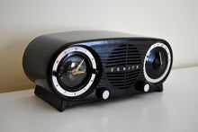 Load image into Gallery viewer, Owl Eyes Black and Silver Vintage 1953 Zenith 5L03 AM Tube Clock Radio Mid Century Charmer!