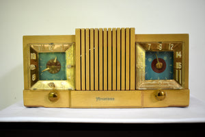 Hot Blonde Wood Mantle 1954 Firestone 4-A-128 Vacuum Tube AM Clock Radio She's a 10!