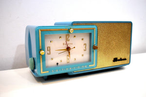 Turquoise and Gold 1959 Bulova Model 100 AM Antique Clock Radio Simply Fabulous!