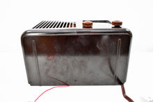 Load image into Gallery viewer, Espresso Brown Bakelite 1943 Trav-Ler Model 5002 AM Vacuum Tube Radio Cute As A Button!