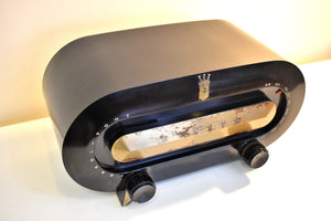 Ebony Black 1950 Zenith Consol-Tone Racetrack Model H511W AM Vacuum Tube Radio Sounds Terrific!