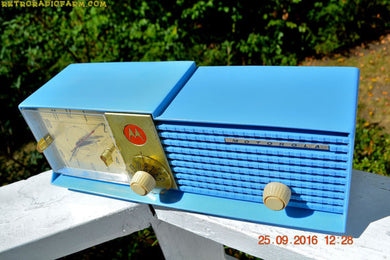 SOLD! - Apr 15, 2017 - CORNFLOWER BLUE Bi-level Retro Jetsons 1957 Motorola 57CD Tube AM Clock Radio Some Issues