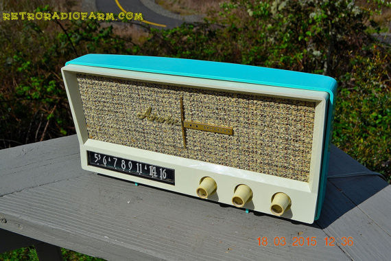 SOLD! - Dec 2, 2015 - BLUETOOTH MP3 READY - AQUAMARINE BLUE Retro Jetsons Vintage 1959 Arvin 2585 AM Tube Radio WORKS! - [product_type} - Arvin - Retro Radio Farm