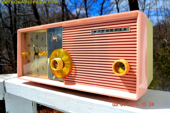SOLD! - Apr 28, 2016 - BLUETOOTH MP3 READY - Pastel Pink Retro Jetsons 1958 Motorola Model 5C24PW Tube AM Clock Radio Totally Restored! - [product_type} - Motorola - Retro Radio Farm