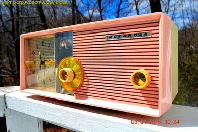 SOLD! - Apr 28, 2016 - BLUETOOTH MP3 READY - Pastel Pink Retro Jetsons 1958 Motorola Model 5C24PW Tube AM Clock Radio Totally Restored!
