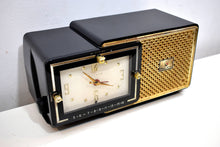 Load image into Gallery viewer, Anthracite 1957 Bulova Model 120 Vacuum Tube AM Clock Radio Excellent Condition! Sounds Great!