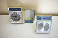 Load image into Gallery viewer, Pastel Blue Mid-Century 1963 Motorola Tandem Model CX2B Solid State AM Clock Radio Detachable Portable Radio!