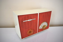 Load image into Gallery viewer, Coral and White Chevron Retro Jetsons Vintage 1957 Philco H836-124 AM Vacuum Tube Radio Excellent Condition Dual Speaker Sound!