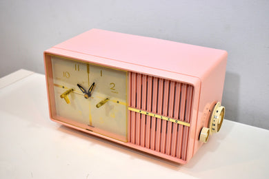 Pretty in Pink 1950s Philco AM Vacuum Tube Clock Radio Rare Never Before Seen Lighted Tuning Knob!