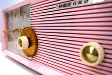 Load image into Gallery viewer, Sassy Pink 1957 Motorola Model 5C24PW Vacuum Tube AM Clock Radio Rare Color Sounds Wonderful!