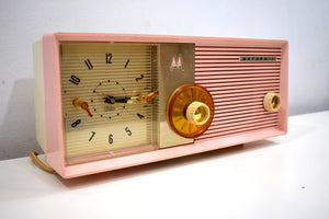 Sassy Pink 1957 Motorola Model 5C24PW Vacuum Tube AM Clock Radio Rare Color Sounds Wonderful!
