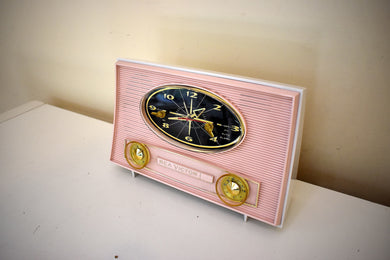 Carnation Pink and White 1962 RCA Victor Model 1-C-2FE AM Vacuum Tube Alarm Clock Radio Immaculate Condition! Sounds Great!