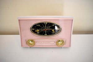 Carnation Pink and White 1962 RCA Victor Model 1-C-2FE AM Vacuum Tube Alarm Clock Radio Immaculate Condition! Sounds Great!