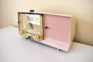 Powder Pink and White 1957 RCA Model C-4PE Vacuum Tube AM Radio Works Great! Excellent Shape!