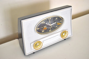 Charcoal Grey and White 1962 RCA Victor Model 1-RD-41 AM Vacuum Tube Alarm Clock Radio Sounds Great! Looks Sleek!