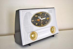 Charcoal Grey and White 1962 RCA Victor Model 1-RD-41 AM Vacuum Tube Alarm Clock Radio Sounds Great! Looks Sleek!