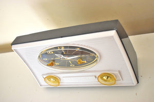 Charcoal Grey and White 1962 RCA Victor Model 1-RD-41 AM Vacuum Tube Alarm Clock Radio Sounds Great! Looks Sleek!