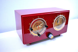 Crimson Red 1954 General Electric Model 566 Retro AM Clock Radio Porthole Design Sounds Great Near Mint Condition!