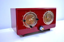 Load image into Gallery viewer, Crimson Red 1954 General Electric Model 566 Retro AM Clock Radio Porthole Design Sounds Great Near Mint Condition!