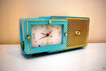 Load image into Gallery viewer, Egyptian Turquoise Gold Mid Century 1959 Bulova Model 120 Tube AM Clock Radio Excellent Condition!