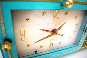 Egyptian Turquoise Gold Mid Century 1959 Bulova Model 120 Tube AM Clock Radio Excellent Condition!