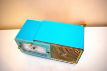 Load image into Gallery viewer, Egyptian Turquoise Gold Mid Century 1959 Bulova Model 120 Tube AM Clock Radio Excellent Condition!