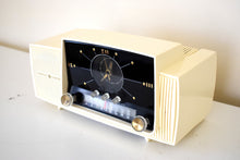 Load image into Gallery viewer, Cream White 1957 General Electric Model 912D Vacuum Tube AM Clock Radio Excellent Condition Sounds Killer!