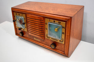 Honey Chestnut Wood 1952 Firestone 4-A-110 Vacuum Tube AM Clock Radio Completely Restore and Sounds Great!