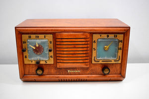 Honey Chestnut Wood 1952 Firestone 4-A-110 Vacuum Tube AM Clock Radio Completely Restore and Sounds Great!
